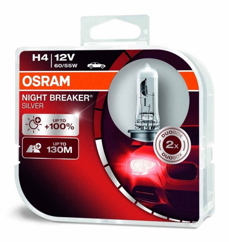 Autožárovky H4 12V 60/55W OSRAM NIGHT BREAKER SILVER, o 100% více světla