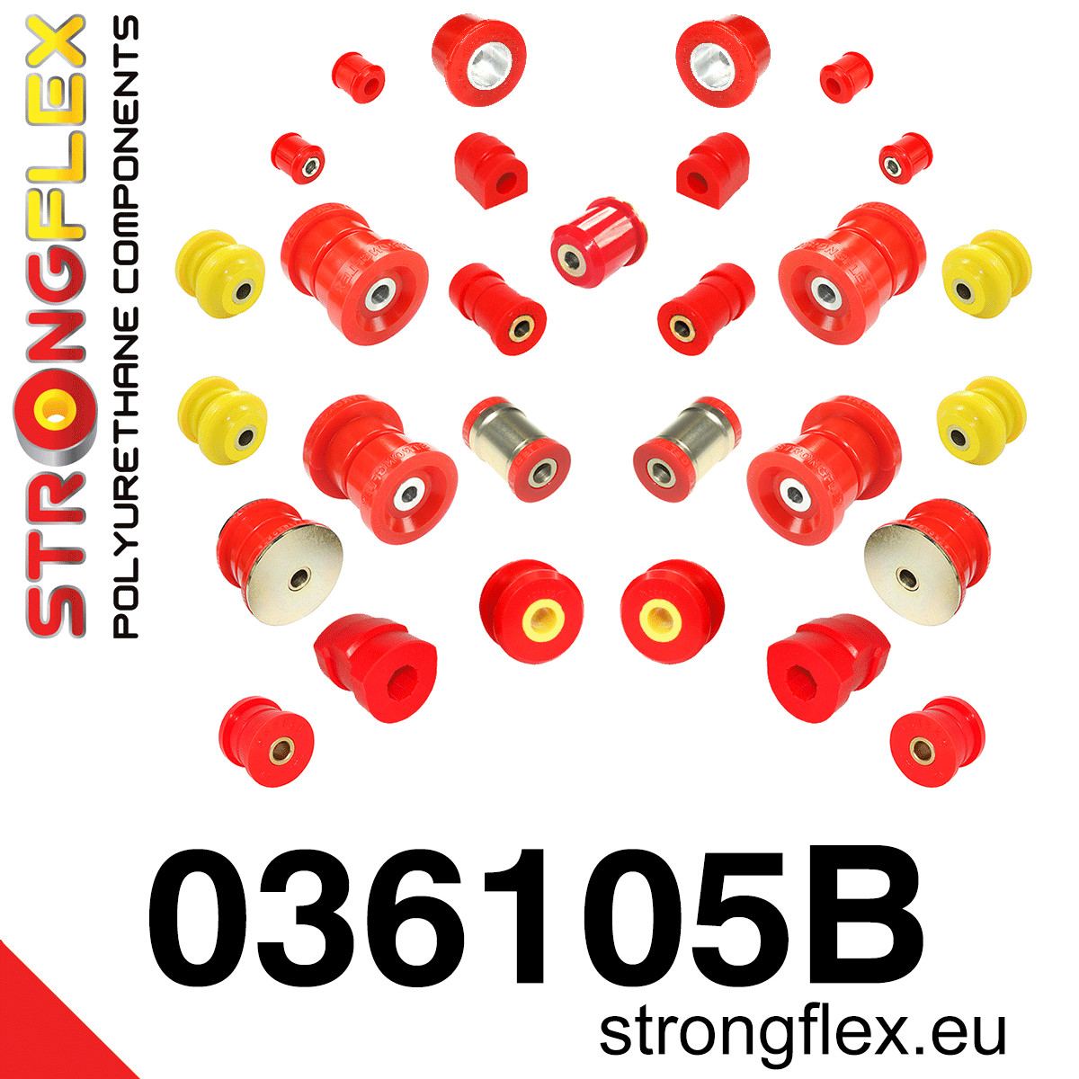 036105B: Strongflex Kompletní sada silentbloků pro zavěšení 19mm Custom 031738 + 031525 x 2 031750 (E36) 4 pcs Red