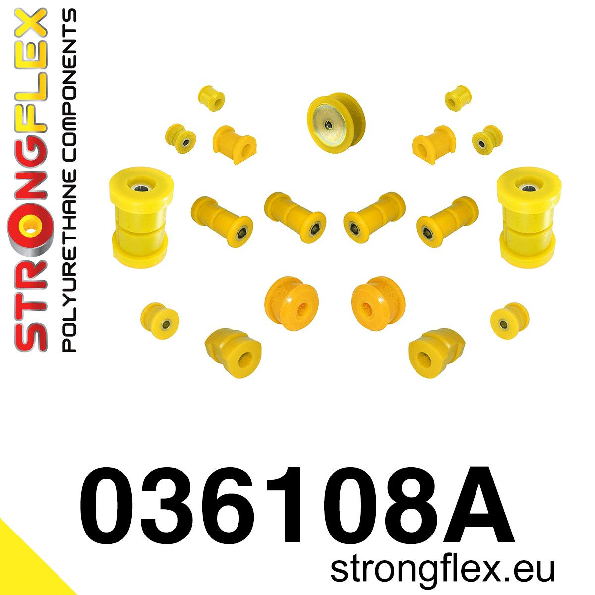 036108A: Strongflex Kompletní sada silentbloků pro zavěšení varianta SPORT Custom Custom 031737 + 031525 x 2 4 x 031860A eccentric bush Black