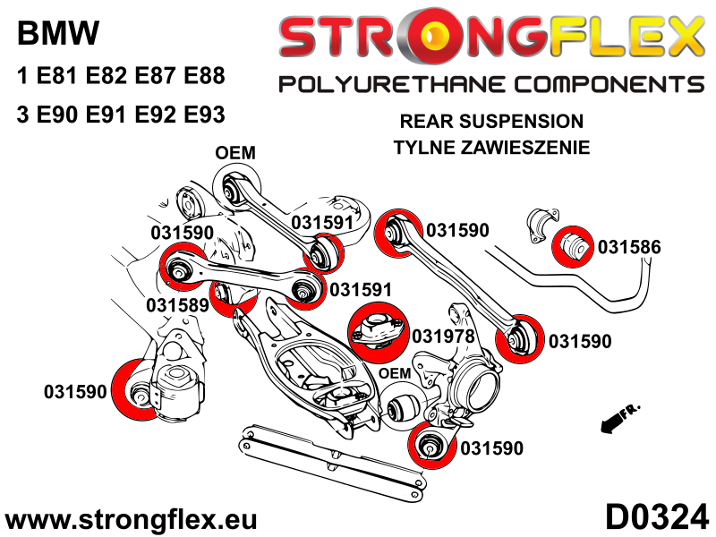 036216B: Strongflex Kompletní sada polyuretanových silentbloků pro zavěšení 24mm 11mm Red