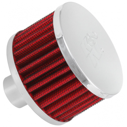 K&N univerzální odvětrávací filtr s vnějším průměrem 76 mm a výškou 51 mm, průměr vstupu 25 mm, délka vstupní příruby 25 mm, materiál Netkaná syntetická textilie, vrchlík kovový vrchlík