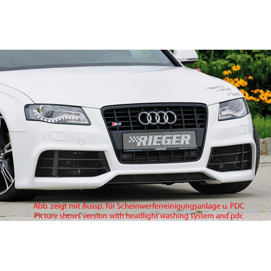 Rieger přední nárazník pro Audi A4 B8, B81 avant, sedan před faceliftem, plast ABS bez povrchové úpravy, pro vozy s ostřikovači světlometů Rieger přední nárazník pro Audi A4 B8, B81 avant, sedan před faceliftem, plast ABS bez povrchové úpravy, pro vozy s ostřikovači světlometů