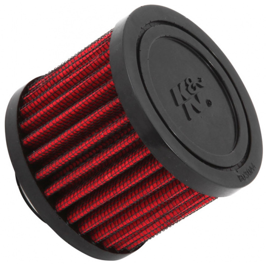 K&N univerzální odvětrávací filtr s vnějším průměrem 76 mm a výškou 60 mm, průměr vstupu 25 mm, délka vstupní příruby 11 mm, materiál Netkaná syntetická textilie, vrchlík gumový vrchlík