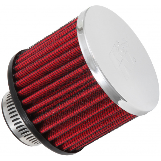 K&N univerzální odvětrávací filtr s vnějším průměrem 76 mm a výškou 64 mm, průměr vstupu 32 mm, délka vstupní příruby 22 mm, materiál Netkaná syntetická textilie, vrchlík kovový vrchlík