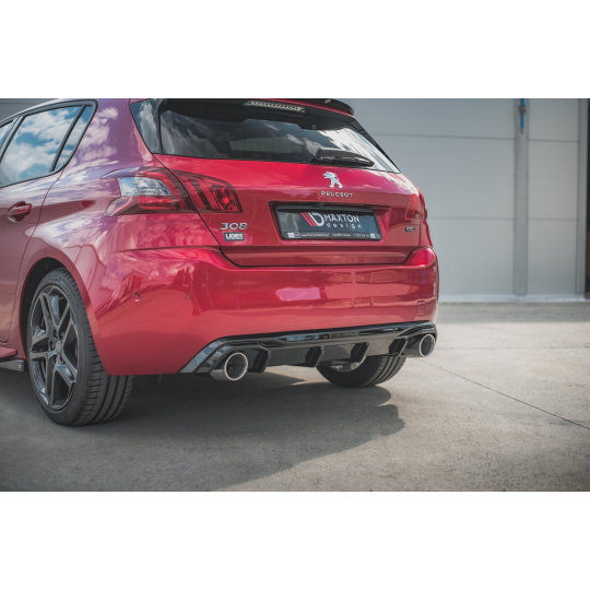Maxton Design vložka zadního nárazníku s černými imitacemi koncovek výfuku pro Peugeot 308 GT Mk2 Facelift, černý lesklý plast ABS
