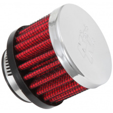 K&N univerzální odvětrávací filtr s vnějším průměrem 51 mm a výškou 38 mm, průměr vstupu 25 mm, délka vstupní příruby 16 mm, materiál Netkaná syntetická textilie, vrchlík kovový vrchlík