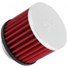 K&N univerzální odvětrávací filtr s vnějším průměrem 76 mm a výškou 64 mm, průměr vstupu 35 mm, délka vstupní příruby 11 mm, materiál Netkaná syntetická textilie, vrchlík kovový vrchlík