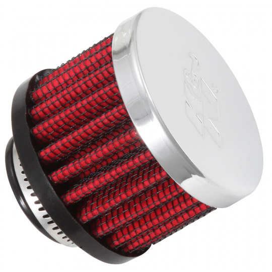 K&N univerzální odvětrávací filtr s vnějším průměrem 51 mm a výškou 38 mm, průměr vstupu 19 mm, délka vstupní příruby 11 mm, materiál Netkaná syntetická textilie, vrchlík kovový vrchlík