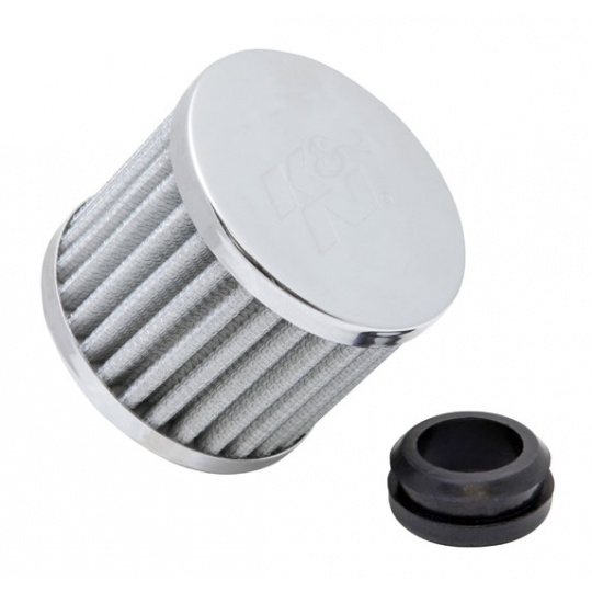 K&N univerzální odvětrávací filtr s vnějším průměrem 76 mm a výškou 64 mm, průměr vstupu 25 mm, délka vstupní příruby 25 mm, materiál Netkaná syntetická textilie, vrchlík kovový vrchlík