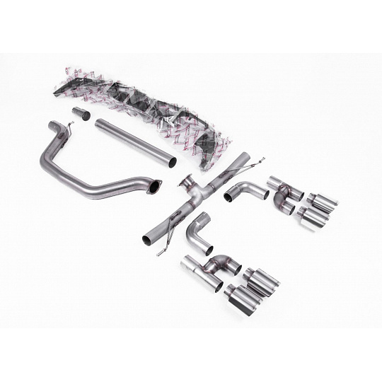 Milltek Sport výfukový systém cat-back Golf R Style - Race (nejhlasitější) pro Volkswagen Golf Mk8 GTi (Golf R Style Quad Outlet Systems - 245ps bez GPF / North American modely) 2021-2024, typ koncovek: GT-115 leštěné