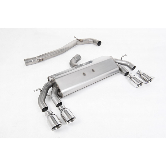 Milltek Sport výfukový systém cat-back Race systém bez rezonátoru a klapek (hlasitější) pro Volkswagen Golf Mk7.5 R 2.0 TSI 310PS (bez GPF) - 76mm, EC schválení, 2017-2021, typ koncovek: GT-100 leštěné