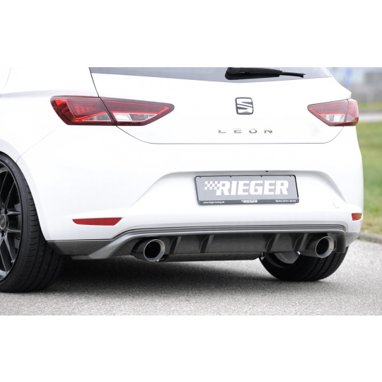 Rieger spoiler pod zadní nárazník pro Seat Leon 5F 3-dvéř. (sc), 5-dvéř. před faceliftem r.v. 10/12-12/16, plast ABS s povrchovou úpravou Carbon-Look, pro sportovní koncovky na obou stranách 100 mm