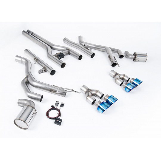 Milltek Sport Front Pipe-back Active "H" System pro Dodge Challenger SRT Hellcat (vč. Redeye a Widebody modelů) 2015-2022, GT-100 modré titanové koncovky Milltek Sport Front Pipe-back Active "H" System pro Dodge Challenger SRT Hellcat (vč. Redeye a Widebody modelů) 2015-2022, GT-100 modré titanové koncovky