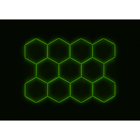 Kompletní LED hexagonové svítidlo zelené, rozměr: 11 elementů 336 x 238 cm