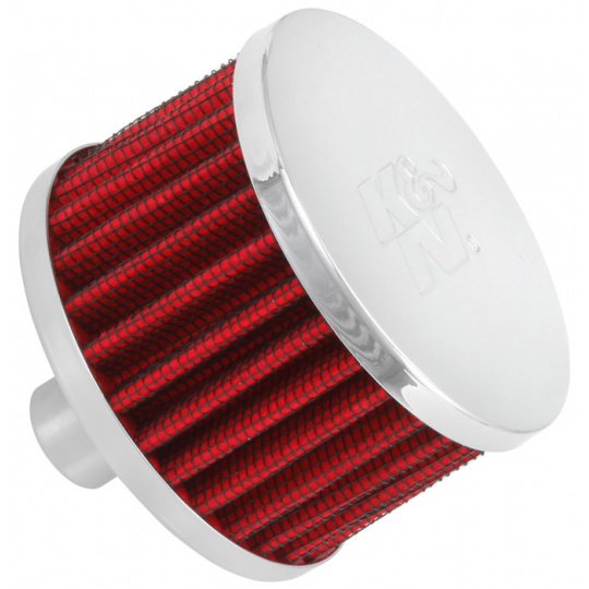 K&N univerzální odvětrávací filtr s vnějším průměrem 76 mm a výškou 51 mm, průměr vstupu 19 mm, délka vstupní příruby 22 mm, materiál Netkaná syntetická textilie, vrchlík kovový vrchlík