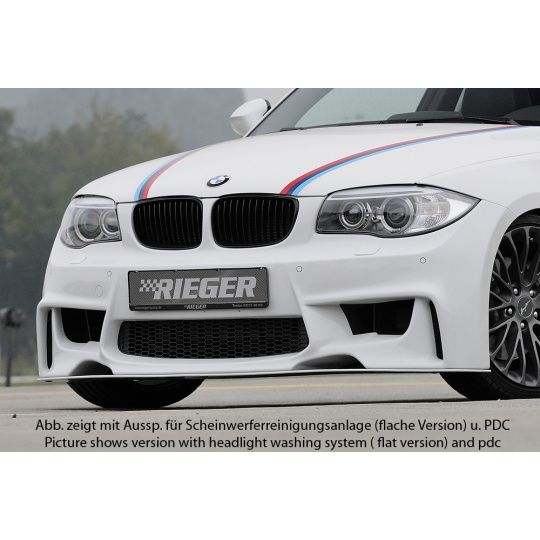 Rieger přední nárazník pro BMW řada 1 E81, E82, E88, E87 2-dvéř., 4-dvéř., kabriolet, kupé, sedan, plast ABS bez povrchové úpravy, pro vozy s ostřikovači předních světlometů a plochou nádobou na ostřikovače