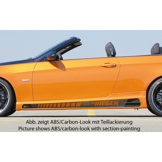 Rieger boční práh mont. strana levá pro BMW řada 3 E92, E93 kabriolet, kupé vč. faceliftu, r.v. 03/07-02/10, 03/10-, 09/06-02/10, plast ABS s povrchovou úpravou Carbon-Look, s prolisem, s prolisem a dvěma výřezy
