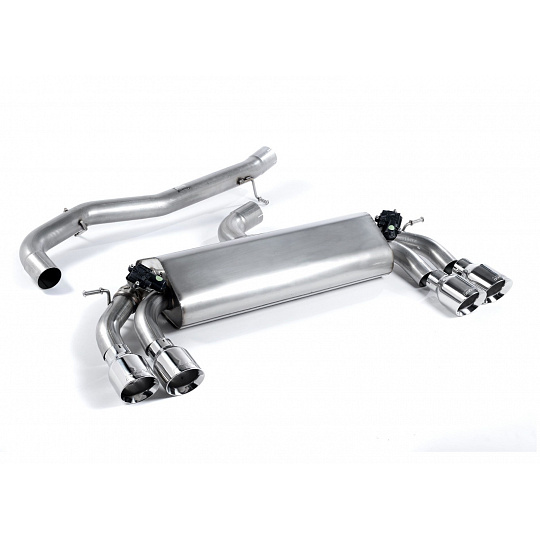 Milltek Sport výfukový systém cat-back bez rezonátoru (hlasitější) pro Audi S3 2.0 TFSI quattro 3-dvéř. 8V/8V.2 (bez GPF) 2013-2018, dvojité, kulaté, typ koncovek: GT-100 leštěné