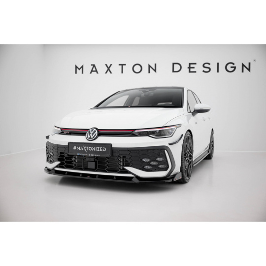 Maxton Design spoiler pod přední nárazník s křidélky ver.2 pro Volkswagen Golf R-Line Mk8 Facelift, černý lesklý plast ABS