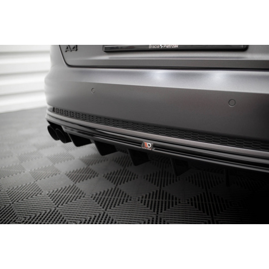 Maxton Design vložka zadního nárazníku pro Audi A4 B9, černý lesklý plast ABS, S-Line Sedan / S-Line Avant, verze s dvojitou koncovkou na jedné straně