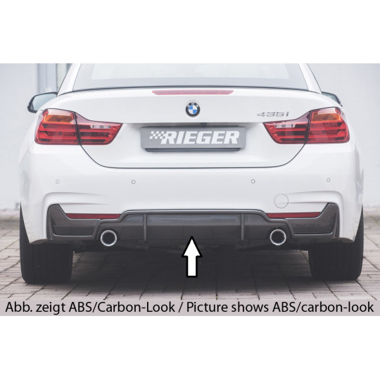 Rieger vložka zadního nárazníku (pouze 435i) pro BMW řada 4 F32, F33, F36 coupe (3-dvéř.), gran coupe (5-dvéř.), kabriolet vč. faceliftu, plast ABS lakovaný do černé lesklé barvy, pro orig. koncovky na obou stranách (435i/440i look)