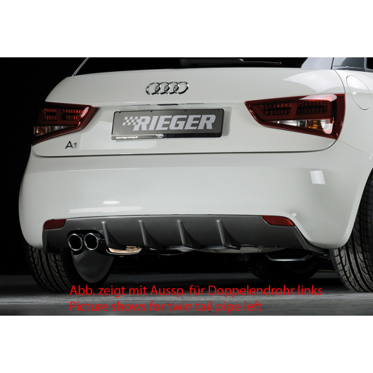 Rieger vložka zadního nárazníku pro Audi A1 8X 3-dvéř., 5-dvéř. (sportback) před faceliftem, plast ABS s povrchovou úpravou Carbon-Look, pro orig. jednoduchou koncovku vlevo