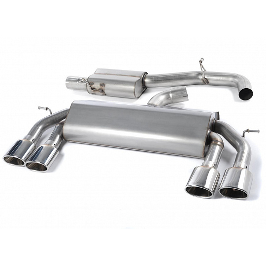 Milltek Sport výfukový systém cat-back Race system s rezonátorem (tišší) bez klapek pro Volkswagen Golf MK7 R 2.0 TSI 300PS (ECE schválení, 76.2mm vedení) 2014-2016, typ koncovek: oválné leštěné