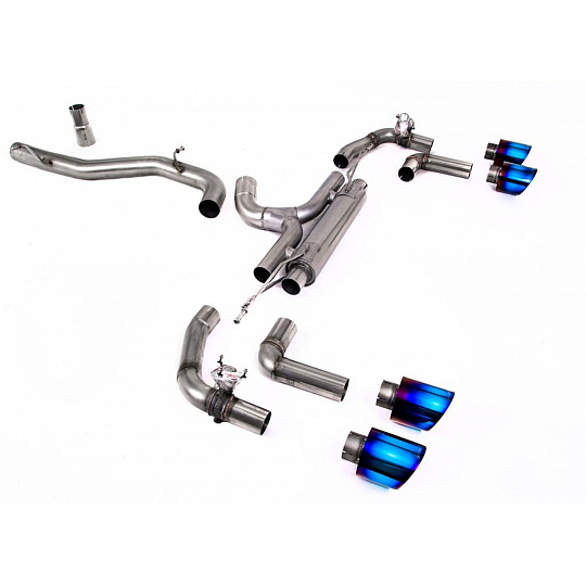 Milltek Sport výfukový systém GPF-Back Race (nejhlasitější) - 80mm / 3.15" pro Volkswagen Golf Mk8 R 2.0 TSI 320PS (s GPF) 2021-2024, typ koncovek: GT-115 titanově modré