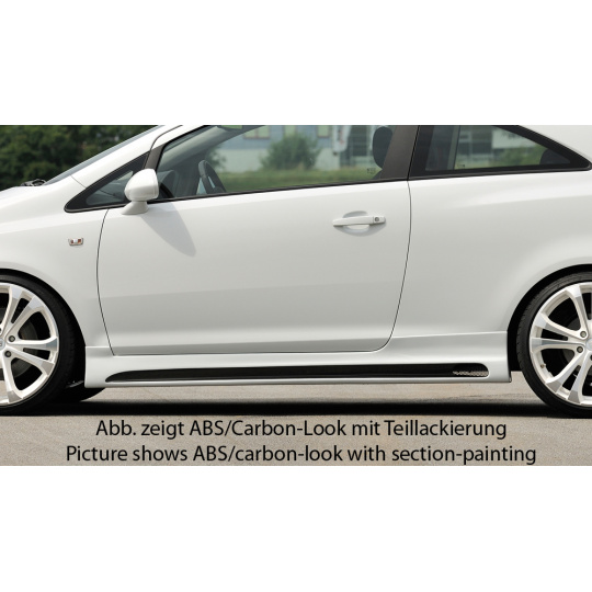 Rieger boční práh mont. strana levá pro Opel Corsa D 3-dvéř. vč. faceliftu, r.v. 01/11-, 07/06-12/10, plast ABS bez povrchové úpravy, s prolisem a výřezem
