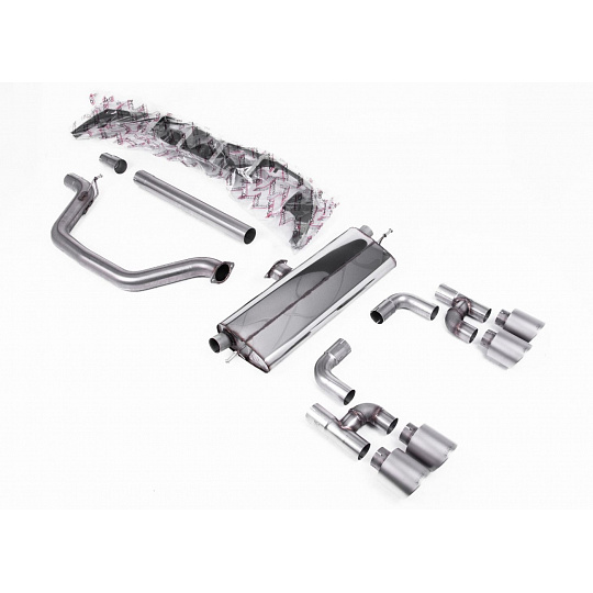 Milltek Sport výfukový systém OPF/GPF Back Golf R Style - Road+ pro Volkswagen Golf Mk8 GTi (Golf R Style Quad Outlet - 245ps s OPF/GPF) 2020-2024, typ koncovek: GT-115 titanové