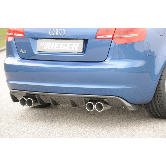 Rieger vložka zadního nárazníku pro Audi A3 8P 3-dvéř., kabriolet po faceliftu, plast ABS s povrchovou úpravou Carbon-Look, pro dvojité koncovky na obou stranách 4x76 mm Rieger vložka zadního nárazníku pro Audi A3 8P 3-dvéř., kabriolet po faceliftu, plast ABS s povrchovou úpravou Carbon-Look, pro dvojité koncovky na obou stranách 4x76 mm