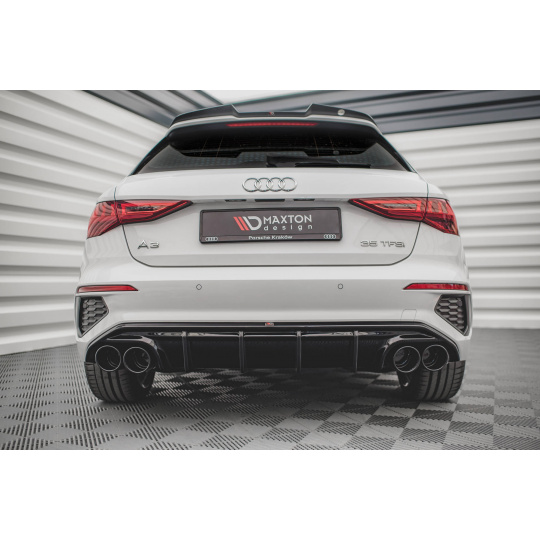 Maxton Design vložka zadního nárazníku s imitacemi koncovek výfuku pro Audi A3 8Y, černý lesklý plast ABS, S-Line, s černými imitacemi koncovek