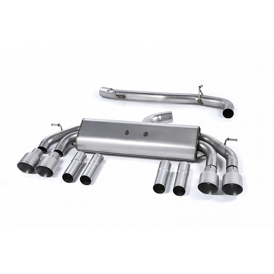 Milltek Sport výfukový systém cat-back Race systém bez rezonátoru a klapek (hlasitější) pro Audi S3 2.0 TFSI quattro Sedan/Cabrio 8V/8V.2 (bez GPF) 2013-2018, dvojité, kulaté, typ koncovek: GT-100 titanové