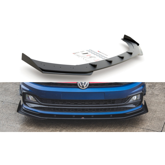 Maxton Design "Racing durability" spoiler pod přední nárazník s rohovými splittery pro Volkswagen Polo GTI Mk6, plast ABS bez povrchové úpravy, s červenou linkou