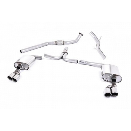 Milltek Sport výfukový systém cat-back bez rezonátoru Quad-outlet pro Audi A4 2.0 TFSI S-line B8 (2WD a quattro Tiptronic) Sedan/Avant 2008-2011, leštěné koncovky