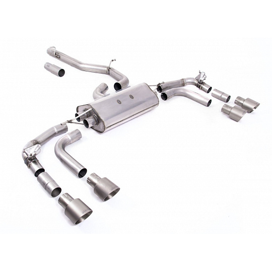 Milltek Sport výfukový systém GPF-Back bez rezonátoru (hlasitější) Re-uses Factory Valve Motors pro Volkswagen Tiguan R 320ps (s OPF/GPF) 2021-2024, typ koncovek: GT-100 titanové