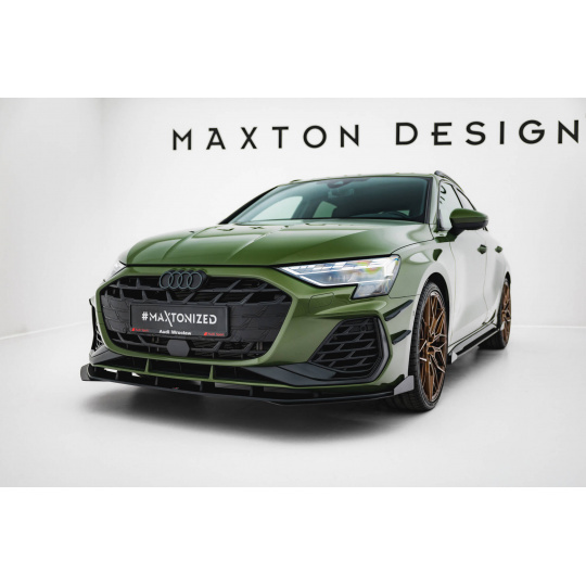 Maxton Design "Street Pro" spoiler pod přední nárazník s křidélky ver.1 pro Audi A3 8Y Facelift, plast ABS bez povrchové úpravy, S-Line / S-Line Sedan, s černou a červenou linkou