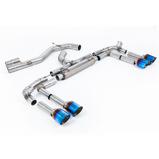 Milltek Sport výfukový systém cat-back Race System - 80mm bez rezonátoru (nejhlasitější) pro Audi S3 2.0TFSI Quattro Sedan 310PS 8Y (s OPF/GPF) 2020-2024, typ koncovek: GT-115 titanově modré