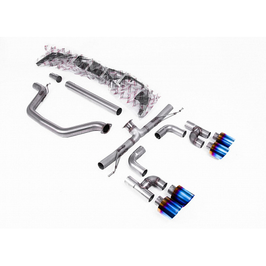 Milltek Sport výfukový systém OPF/GPF Back Golf R Style - Race (nejhlasitější) pro Volkswagen Golf Mk8 GTi (Golf R Style Quad Outlet - 245ps s OPF/GPF) 2020-2024, typ koncovek: GT-115 titanově modré