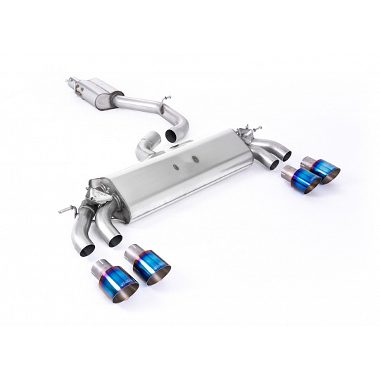 Milltek Sport homologovaný výfuk cat-back GPF Back - s rezonátorem pro Audi S3 2.0 TFSI quattro 3-dvéř. 8V.2 (s GPF) 2019-2020, dvojité, kulaté, typ koncovek: GT-100 titanové modré