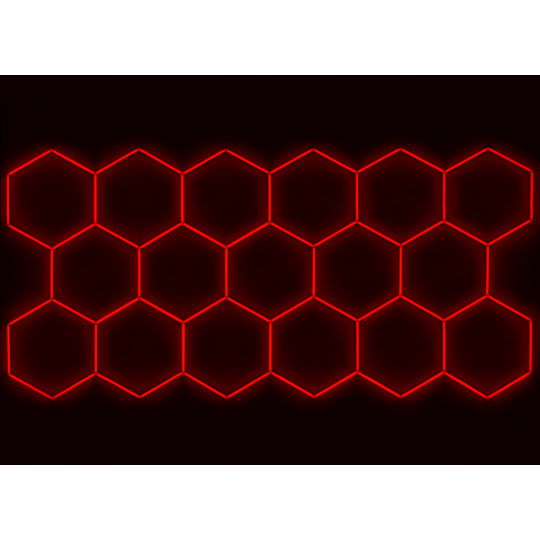 Kompletní LED hexagonové svítidlo červené, rozměr: 17 elementů 504 x 238 cm