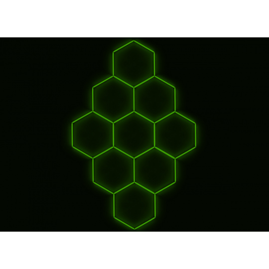 Kompletní LED hexagonové svítidlo zelené, rozměr: 9 elementů 246 x 386 cm