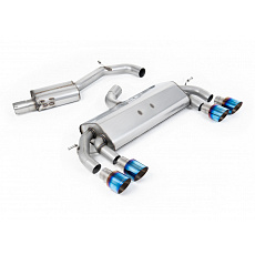 Milltek Sport výfukový systém cat-back Race system s rezonátorem (tišší) bez klapek pro Volkswagen Golf MK7 R 2.0 TSI 300PS (ECE schválení, 76.2mm vedení) 2014-2016, typ koncovek: GT-100 titanové modré