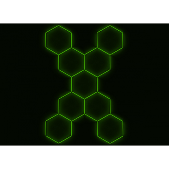 Kompletní LED hexagonové svítidlo zelené, rozměr: 9 elementů 246 x 386 cm tvar X