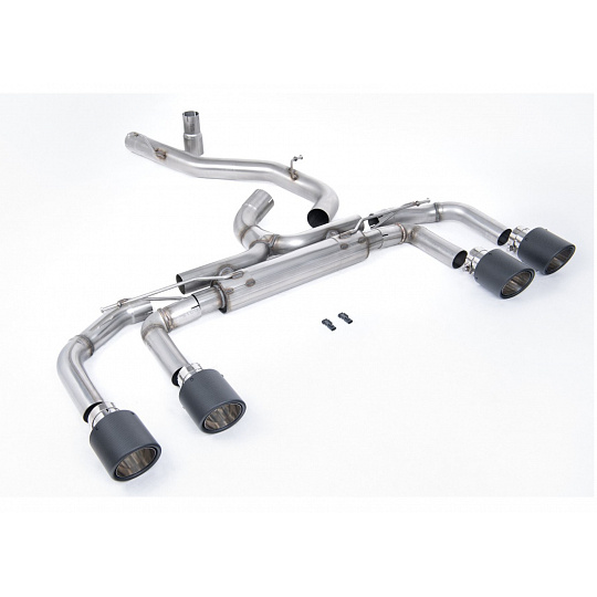 Milltek Sport výfukový systém cat-back 80mm / 3.15" System - Race bez klapek (nejhlasitější) pro Volkswagen Golf Mk8 R 2.0 TSI 320PS (bez GPF / NA modely) 2022-2024, typ koncovek: JET-115 karbonové