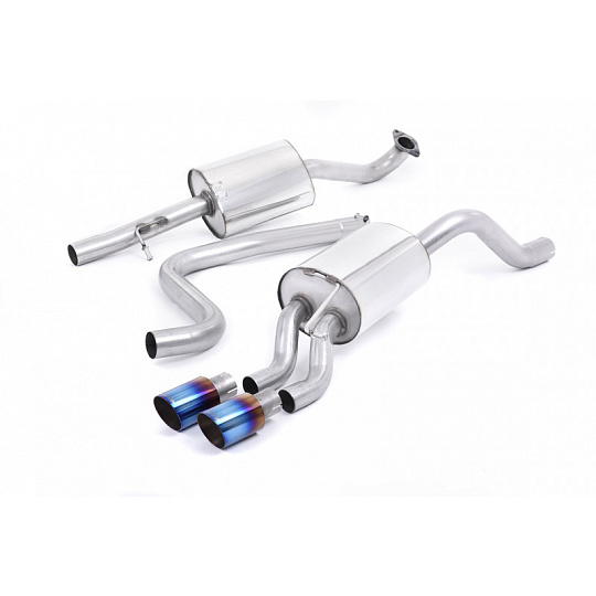 Milltek Sport výfukový systém cat-back s rezonátorem (tišší) pro Ford Fiesta Mk7/Mk7.5 1.0T EcoBoost (100/125/140PS) 2013-2017, titanově modré koncovky