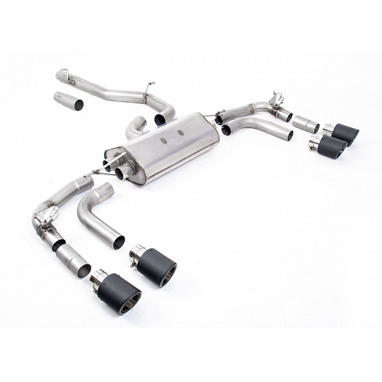 Milltek Sport výfukový systém GPF-Back bez rezonátoru (hlasitější) Re-uses Factory Valve Motors pro Volkswagen Tiguan R 320ps (s OPF/GPF) 2021-2024, typ koncovek: JET-100 karbonové