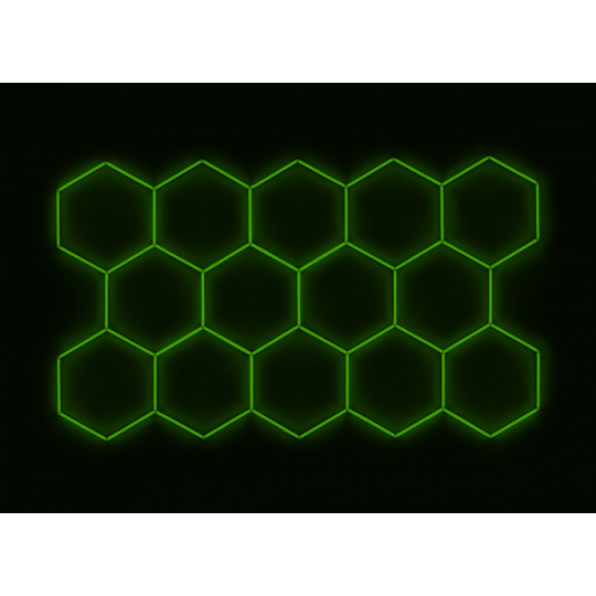 Kompletní LED hexagonové svítidlo zelené, rozměr: 14 elementů 420 x 238 cm