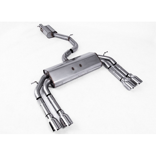 Milltek Sport výfukový systém cat-back Race system s rezonátorem (tišší) bez klapek pro Audi S3 2.0 TFSI quattro Sedan/Cabrio 8V/8V.2 (bez GPF) 2013-2018, dvojité, kulaté, typ koncovek: GT-100 leštěné