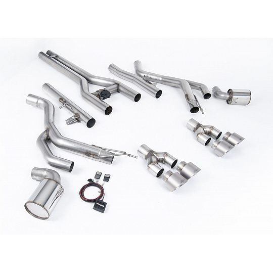 Milltek Sport Front Pipe-back Active "H" System pro Dodge Challenger SRT Hellcat (vč. Redeye a Widebody modelů) 2015-2022, GT-100 broušené titanové koncovky Milltek Sport Front Pipe-back Active "H" System pro Dodge Challenger SRT Hellcat (vč. Redeye a Widebody modelů) 2015-2022, GT-100 broušené titanové koncovky